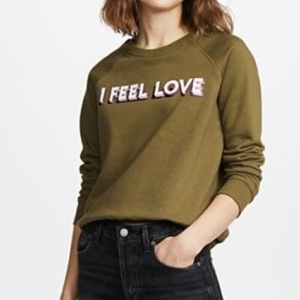 Rebecca Minkoff Olive Green I Feel Love Graphic Crewneck Sweatshirt S